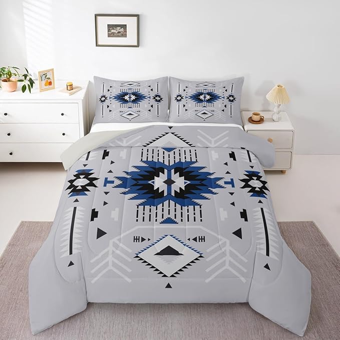 Southwest Comforter Set Grey Bedding Set Full Size Adults Rustic Geometric Arrow Abstract Quilt Set 3pcs for Kids Girls Boys Men Room Decor Indian Tribal Themed Duvet Insert,2 Pillowcases