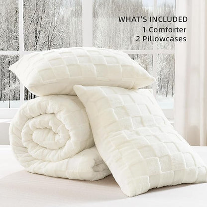 Litanika Fluffy Twin Size Comforter Set Cream, 3 Pieces Warm Sherpa Fleece Winter Bedding Set, Jacquard Checkered Plush Fuzzy Bed Set(1 Comforter, 2 Pillowcases)
