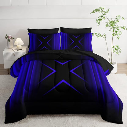 Blue and Black Geometric Comforter Set Twin Size 7Pieces,3D Abstract Mordern Printed Bedding Set for Adults,Geometric Mordern Decor All Seasons with Pillowcases,Flat, Fitted Sheet