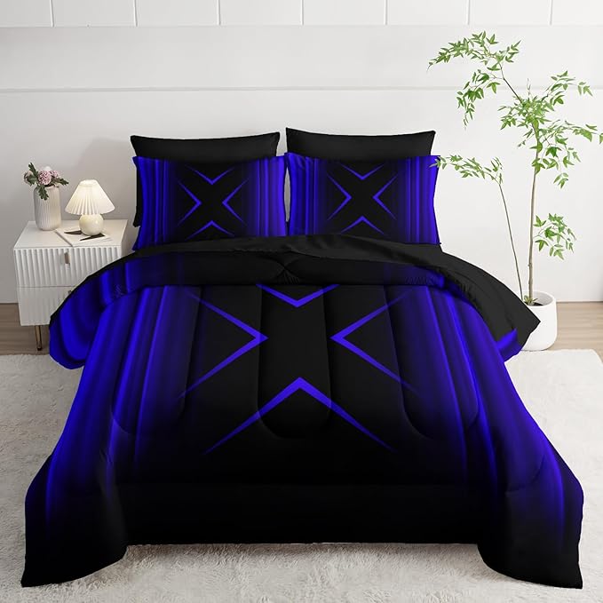Blue and Black Geometric Comforter Set Queen Size 7Pieces,3D Abstract Mordern Printed Bedding Set for Adults,Geometric Mordern Decor All Seasons with Pillowcases,Flat, Fitted Sheet