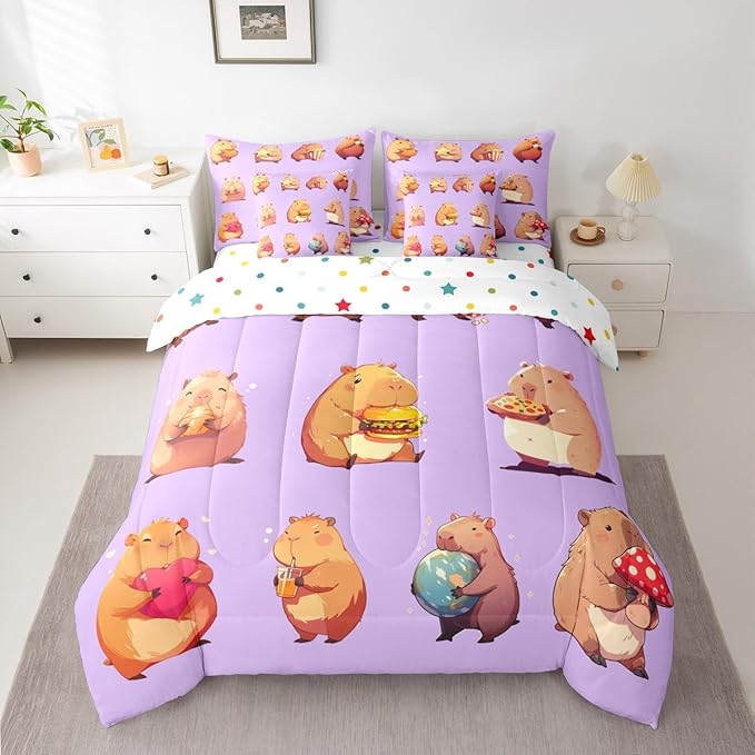 Erosebridal Funny Capybaras 7 Pieces Bedding Set Twin,Capybara Lover Bed in a Bag,Cartoon Rodents Bed Set Includes Comforter,Sheet Set,Pillowcases & Pillow Covers,Purple Khaki Capybara Bedroom Decor