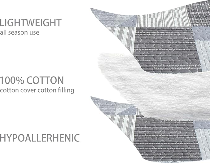 Homzard Grey Comforter Set,Cotton Plaid Striped Quilts Queen Size for The Bed,Reversible Geometric Queen Size Bedspread with 2 Pillow Shams,Lightweight 3 Piece Bedding All Season