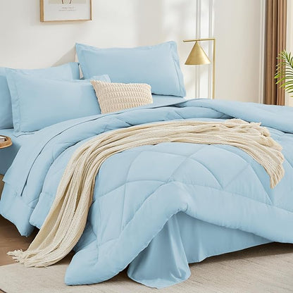 FUANNA 7 Pieces Queen Comforter Set, All Season Bed in a Bag Queen Size, Luxury Soft Bedding Sets with Comforter, Flat Sheet, Fitted Sheet, Pillowcases & Pillow Shams, Light Blue
