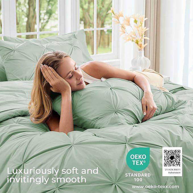 Sasttie Twin XL Comforter Set, 5-Piece Bed in a Bag, Pintuck Bedding Set for All Season, Includes Comforter, Flat Sheet, Fitted Sheet, Pillowcase and Pillowsham, Sage