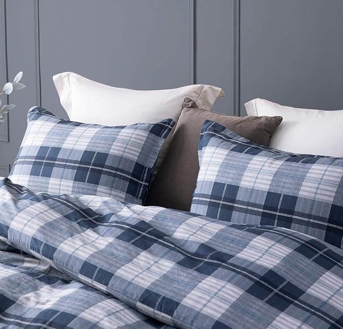 SLEEPBELLA Comforter Queen Size, 600 Thread Count Cotton Navy Blue & Grey Buffalo Pattern Blue Plaid Comforter Sets,Down Alternative Bedding Set 3Pcs (Queen, Navy Plaid)