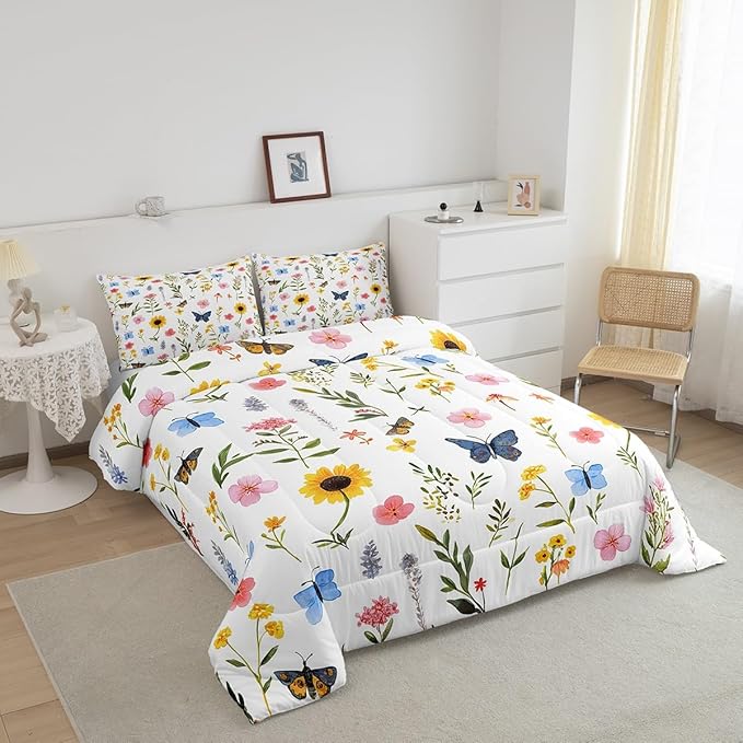 Manfei Wild Plants Comforter Set King Size, Colorful Flower Butterfly Quilt Set with 2 Pillowcases, Botanical Floral Bedding Set 3pcs for Kids Girls Bedroom Decor Lightweight Duvet Insert