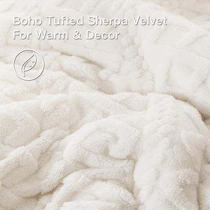 Andency Fluffy Sherpa Full Comforter Set, Super Soft White Fleece Warm Bedding for Winter, Luxury Jacquard Boho Thick Fuzzy Plush Bed Set 3 Pieces(1 Shaggy Comforter, 2 Pillowcases)