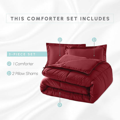 Elegant Comfort 3-Piece Box Stitched Down Alternative Comforter with Shams - Ultra Soft for All Season Duvet Insert with Corner Tabs, Plush Cozy 3PC Comforter Set, Twin XL, Burgundy