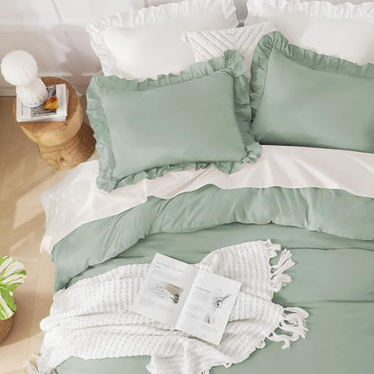 Andency Sage Green California King Comforter Set, 3 Pieces Farmhouse Shabby Chic Cal King Size Ruffle Bed Set, Oversized Soft Lightweight Microfiber Bedding Set