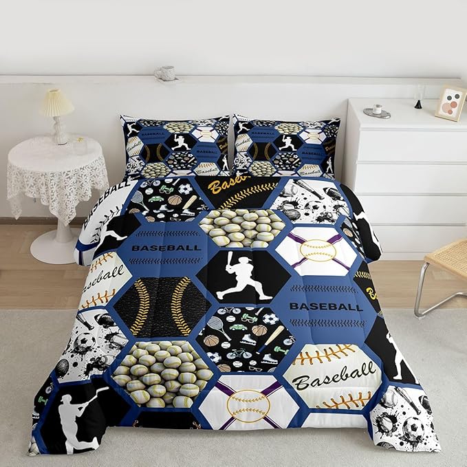 Erosebridal Baseball Bed Set for Boys,Baseball Player Comforter for Kids,Geometric Honeycomb Bedding Set Twin Size,Sports Ball Game Patchwork Quilt Set with 1 Pillowcase Lightweight