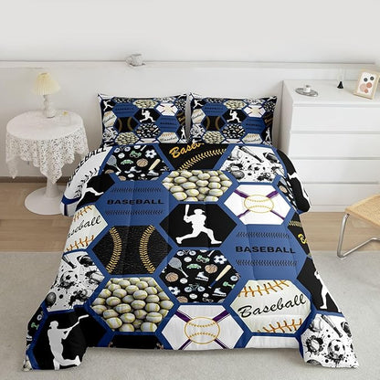 Erosebridal Baseball Queen Bedding for Boys Queen,Sports Themed Comforter for Teens Adult,Geometric Honeycomb Plaid Bedding Comforter Sets,Ball Game Quilt Set with 2 Pillowshams All Season,Blue