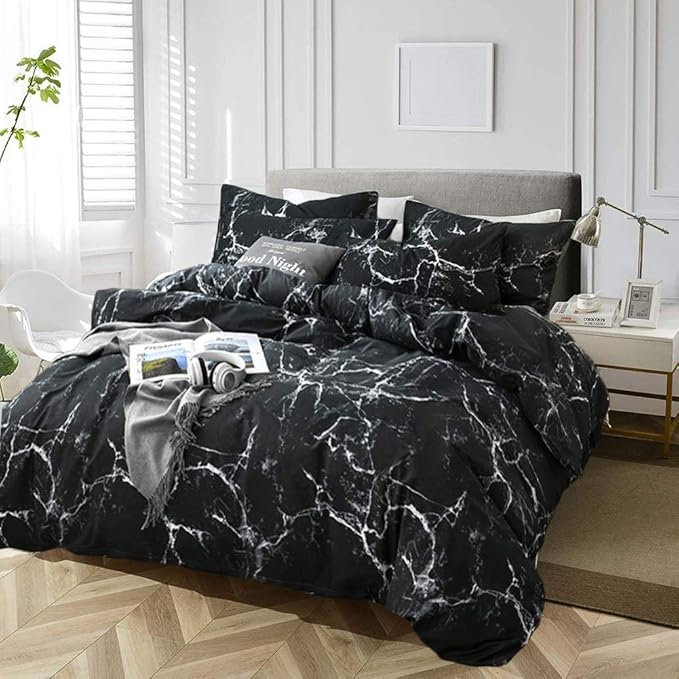 Cottonight Black Marble Comforter Set Queen Marble Bedding Set Black and White Abstract Modern Blanket Quilts Marble Texture Comforter Black Bedding Set for Men Women Adults Kids