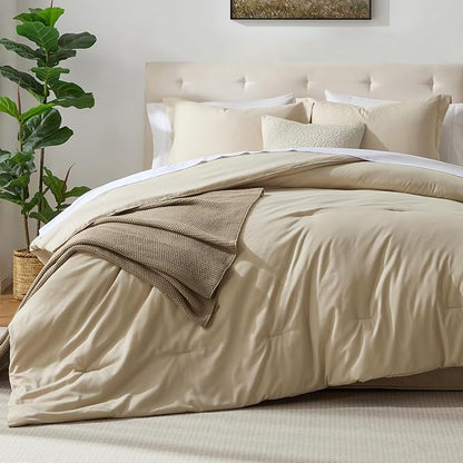 satisomnia Beige Queen Comforter Set 3 Piece, Down Alternative Comforter Queen Size Set Lightweight