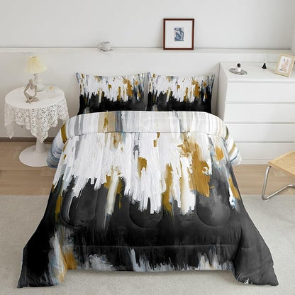 Erosebridal Black Grey Bedding King Brush Strokes Oil Painting Comforter Set, Gradient Abstract Chic Vintage Duvet Insert Ombre Graffiti Down Comforter, Contemporary Modern Bedding Comforter Sets