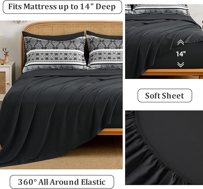 Boho Comforter Set Queen Size,7 Pieces Bohemian Comforter Bedding Set Bed in a Bag,Dark Grey Paisley Floral Comfortet and Sheet Set,Soft Gray Striped Bedding Sets for All Season