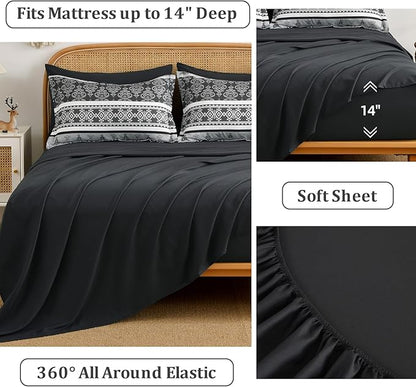 Comforter Set King Size Boho,7 Pieces Bohemian Bedding Comforter Set Striped Bed in a Bag,Dark Grey Paisley Floral Comfortet and Sheet Set,Soft Black Gray Bedding Sets for All Season