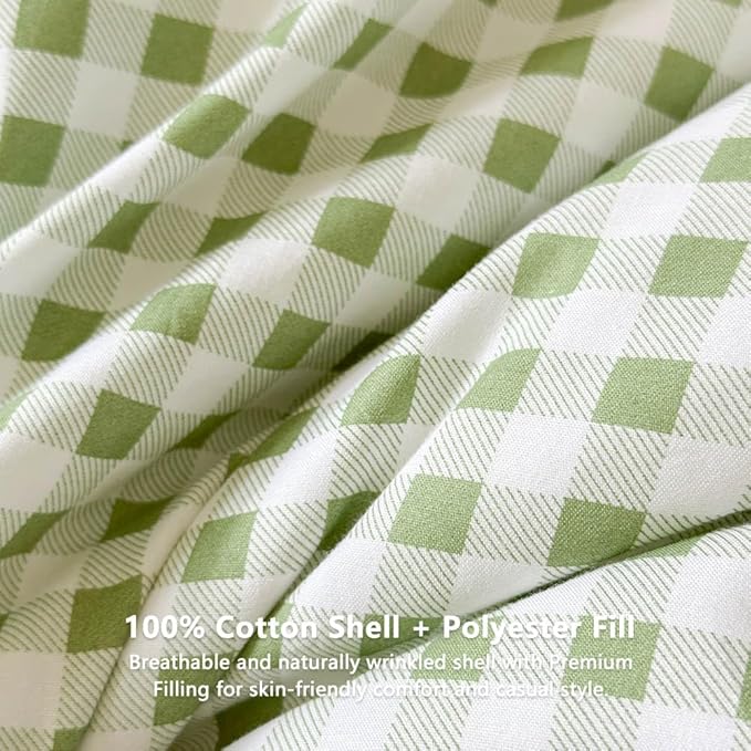 NSNLGSGC Sage Green Gingham Cotton Comforter Set Twin, 100% Washed Cotton Green Plaid Checked Comforter Bedding, 2 Pieces Vintage Farmhouse Grid Bedding Set(Sage Green Gingham, Twin)