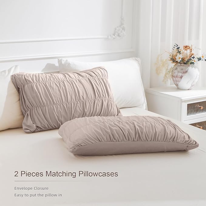 Masaca Oversized King Size Comforter 128x120,3 Pieces Vintage Taupe Ruched Bedding Comforter Set Lightweight Ultra Soft Shabby Boho Chic Bedding (1 Ruffle Comforter +2 Pillowcases)