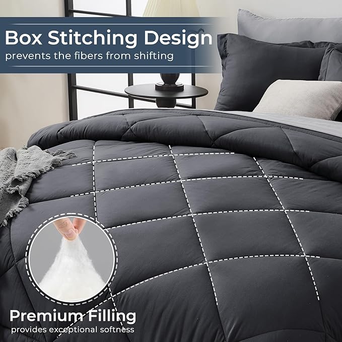 HEVUMYI Twin Comforter Set - 5-Piece All Season Bed in a Bag Twin, Ultra Soft Bedding Set with Comforter, Flat Sheet, Fitted Sheet, Pillowcases, Pillow Shams, Dark Grey & Light Grey