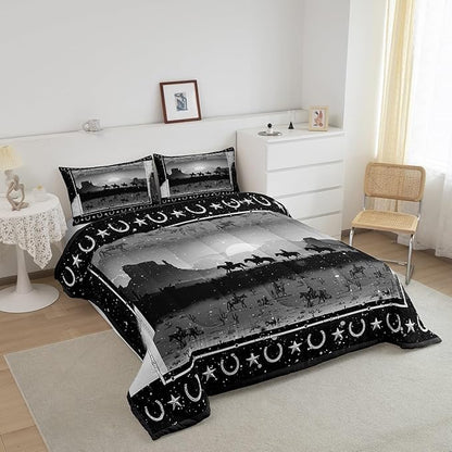 Feelyou Grey Western Decor Comforter Toddler Size Wild Western Cowboy Comforter Set for Boys Girls Children Horse Setting Sun Glitter Bedding Set Room Decor Horseshoes West Texas Star Duvet Set 2Pcs