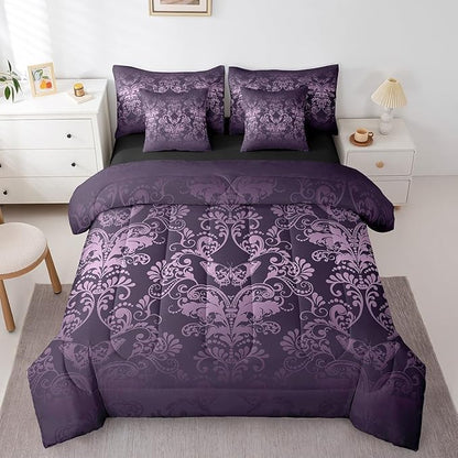 Erosebridal Gothic Damask Bed in a Bag Queen Comforter Set 7 Piece,Butterfly Skull Bedding Sets Purple Victorian Floral Goth Sheet Set with Comforter