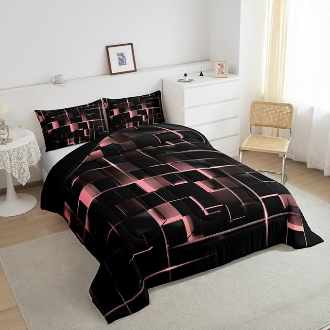 Erosebridal Blush Pink Black Comforter Set Full Size Neon Geometric Kids Bedding Set 3 Pcs Honeycomb Bed Sets Modern Quilt,1 Comforter 2 Pillow Cases Cool Room Decor, Bside Black