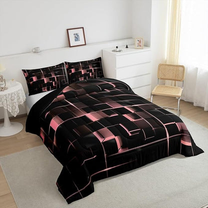 Erosebridal Blush Pink Black Comforter Set Full Size Neon Geometric Kids Bedding Set 3 Pcs Honeycomb Bed Sets Modern Quilt,1 Comforter 2 Pillow Cases Cool Room Decor, Bside Black