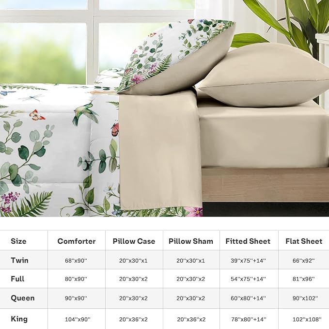 Nesker 7 Pcs Spring Comforter Set Queen Size, Floral Hummingbird Butterfly Bedding Set for Kids and Adults, Fern Botanical Nature Bed Sheet Sets with Fitted Sheet 2 Pillowcases & 2 Shams
