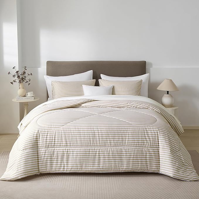mixinni Tan Striped Comforter Set King Size - Beige Stripes Pattern Bed Set for All Season, 3 Pieces Lightweight Bedding Comforter Sets for All Seasons (1 Soft Fluffy Comforter + 2 Pillowcases)