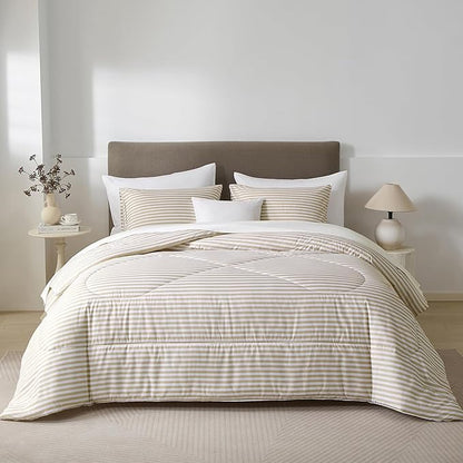 mixinni Tan Striped Comforter Set King Size - Beige Stripes Pattern Bed Set for All Season, 3 Pieces Lightweight Bedding Comforter Sets for All Seasons (1 Soft Fluffy Comforter + 2 Pillowcases)