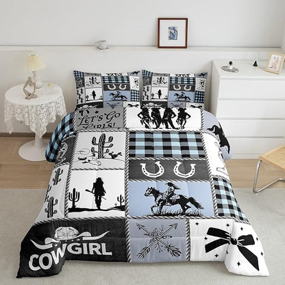Western Cowgirl Girly Comforter Set King Size,Cactus Horseshoe Cow Skull Bow Bedding Set,Girls Women Room Decor,Cowgirl Boot Geometric Plaids Down Comforter,Blue Rustic Duvet Insert,2 Pillowcases