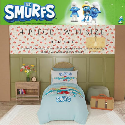 Franco The Smurfs Bedding Super Soft Cozy Reversible Comforter and Sheet Set, 4 Piece Twin Size, (Officially Licensed Product)