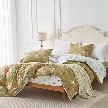 mixinni Floral Comforter Set Twin XL Size Green, 3 Pieces Garden Style Botanical Flowers Leaves Comforter Set, Soft Fluffy Reversible Farmhouse Boho Comforter and 2 Pillowcases for All Season