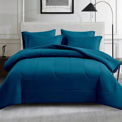 Maple&Stone Queen Size Comforter Set 7 Pieces Bed in a Bag - Down Alternative Bed Set with Sheets, Pillowcases & Shams, Soft Reversible Duvet Insert for Queen Bed, Teal