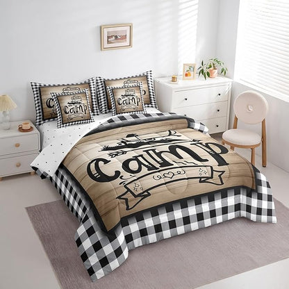 Erosebridal 7Pcs Full Size Kids Comforter Set with Sheets, Rv Camper Decor Bedding Set for Kids Black and White Buffalo Plaid Comforter Sets Bed in a Bag for Boys Girls Farmhouse Decor