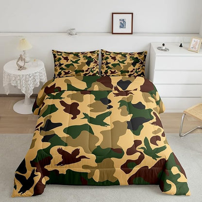 Erosebridal Camo Duck Comforter Set Full Size Camouflage Bedding for Kids Hunting Farmhouse Camping Comforter Vintage Army Green Yellow Room Decor Wild Animal Rustic Duvet Set