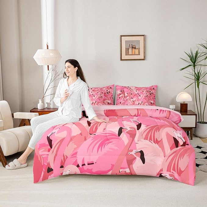 Erosebridal Flamingo Animal Girls Women Full Comforter Set 7 Pieces | Kawaii Cute Bed in A Bag for Bedroom Romantic Bedding Set with Comforters Black Pink Room Decor