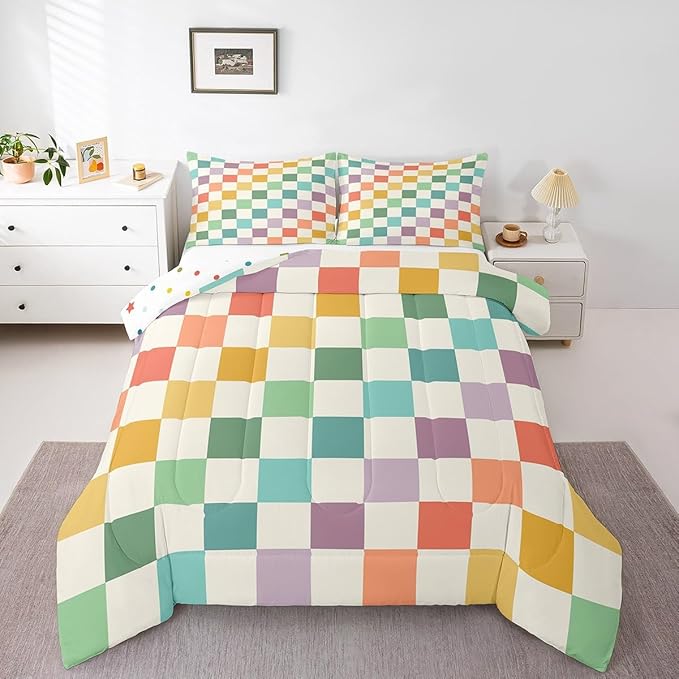 Feelyou Multicolored Checkered Retro Bedding Set Kids Boys Girls Geometric Vintage Comforter Set Toddler Size Green Yellow Colorful Duvet Insert Modern Simple Groovy Aesthetic Room Decor