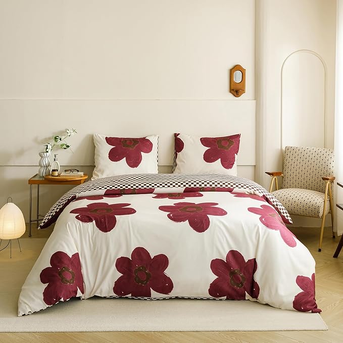 Cottonight Burgundy Sunflower Comforter Set - Wine Red King Size for Women and Girls - Dark Red Floral Bedding With Big Botanical Flowers - Cute Chic Soft Breathable Blanket Quilt