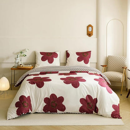 Cottonight Burgundy Sunflower Comforter Set - Wine Red King Size for Women and Girls - Dark Red Floral Bedding With Big Botanical Flowers - Cute Chic Soft Breathable Blanket Quilt