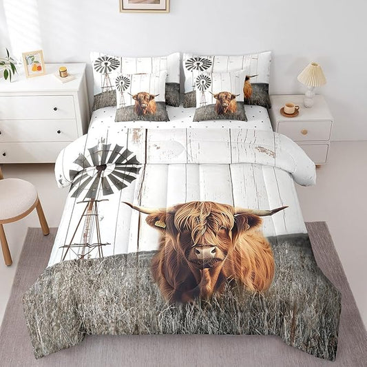 Erosebridal King Size Farmhouse Highland Cow Comforter Sets with Sheets 7Pcs Rustic Windmill Comforter Set Bed-in-a-Bag(1 Comforter, 1 Flat Sheet 1 Fitted Sheet 2 Pillowcases 2 Throw Pillow Covers)