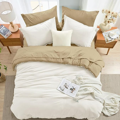 MUXHOMO 7 Pieces Queen Comforter Set, Soft Bed in a Bag Queen Size, All Season Bedding Set with Comforter, Flat Sheet, Fitted Sheet, Pillowcases & Shams, Ivory & Khaki