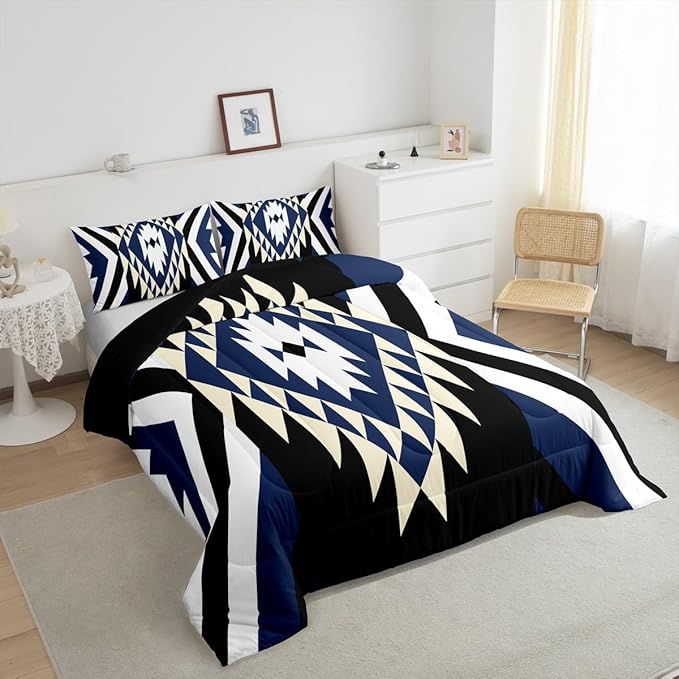 Feelyou Kids Blue Black Boho Western Bedding Set Queen Size Southwestern Aztec Tribal Comforter Set for Boys Girls Vintage Geometric Duvet Quilt