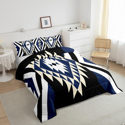 Feelyou Kids Blue Black Boho Western Bedding Set Queen Size Southwestern Aztec Tribal Comforter Set for Boys Girls Vintage Geometric Duvet Quilt