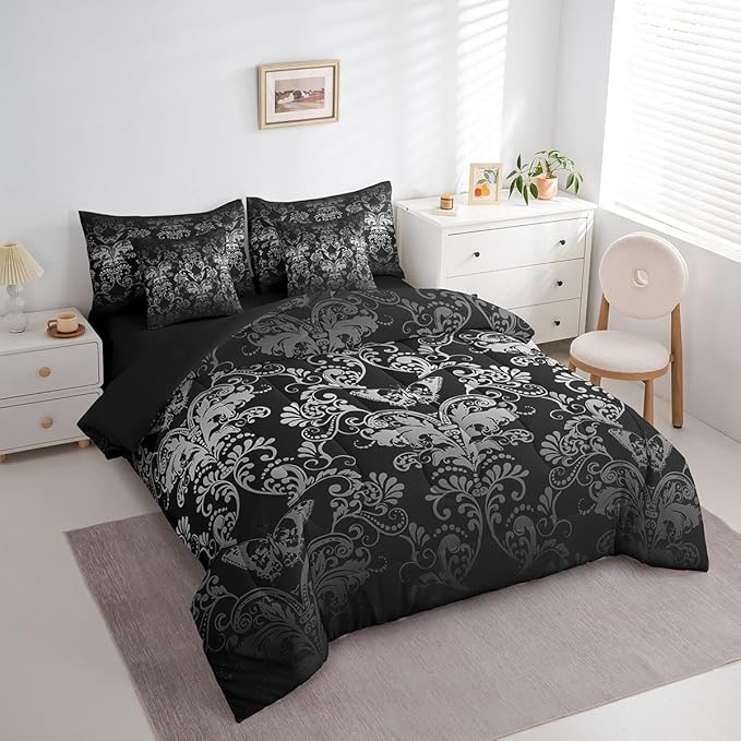 Erosebridal Gothic Damask 7 Piece Comforter Set Full Bed in a Bag,Butterfly Skull Bedding Sets White Black Victorian Floral Goth Sheet Set with Comforter