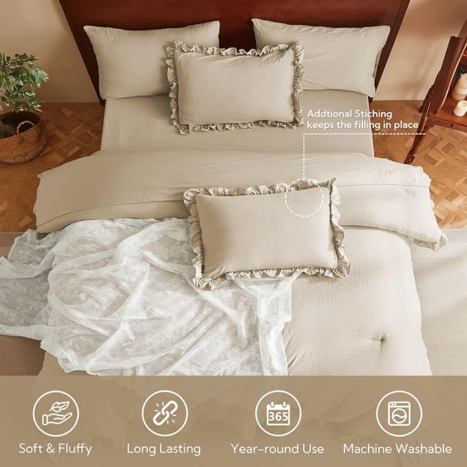 MR&HM Linen Comforter Set Full Size for Girls Women 7 Pieces, Shabby Chic Vintage Cottagecore Bed Sets Elegance Boho Bed in a Bag, Ultra-Soft & Fluffy Comforter for All Season