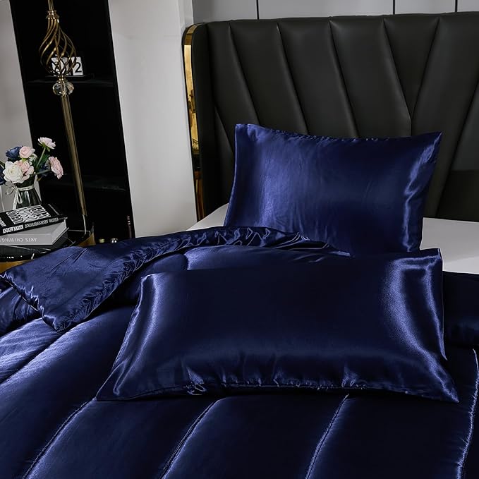 Satin Comforter Set Queen Silk Like Blue Bedding Comforter Luxury Hotel Silky Bed Home Deocr 1 Comforter 2 Pillowcases (Queen, Navy Blue)