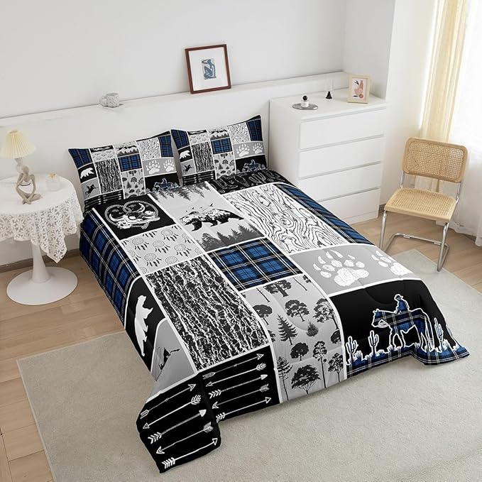 Erosebridal Western Comforter Set Full,Bear Horse Cowboy Bedding Set,Royal Blue Buffalo Grid Plaid Quilt,Rustic Famrhouse Duvet Insert Dream Catcher Arrow Decor 3Pcs for Kids Boys Teens Bedroom