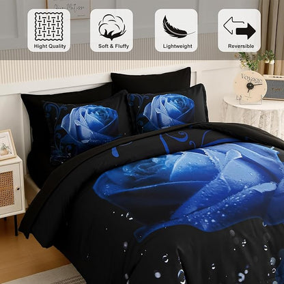 Xruibed Floral Comforter Queen Blue Bed in a Bag Rose Water Droplets Design 7PCs Comforter Set Soft Micorfiber Bedding Set (1 Comforter,2 Pillow Shams,1 Flat Sheet,1 Fitted Sheet,2 Pillowcases)