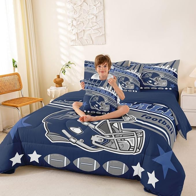Feelyou Football 7 Pieces Comforter Sets Queen Size Kids Rugby Sports Bedding Set for All Season Football City Bed in a Bag with Comforter, Sheets, Pillowcases & Cushion Cover